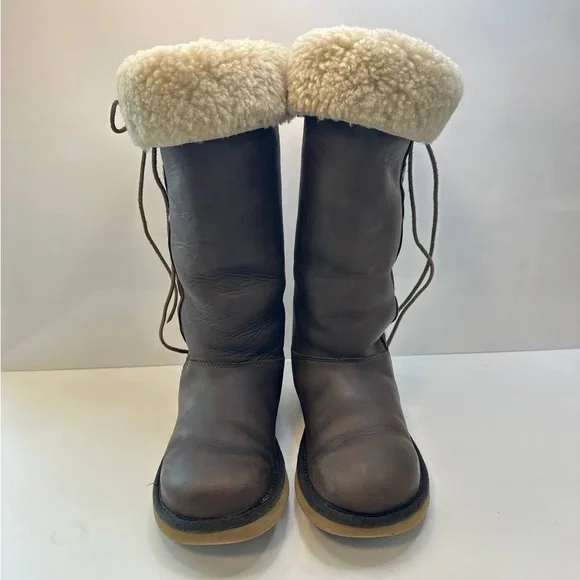 UGG Australia Upside Brown Leather Tall Winter Lace Boots Women’s Size 6 - Picture 4 of 10
